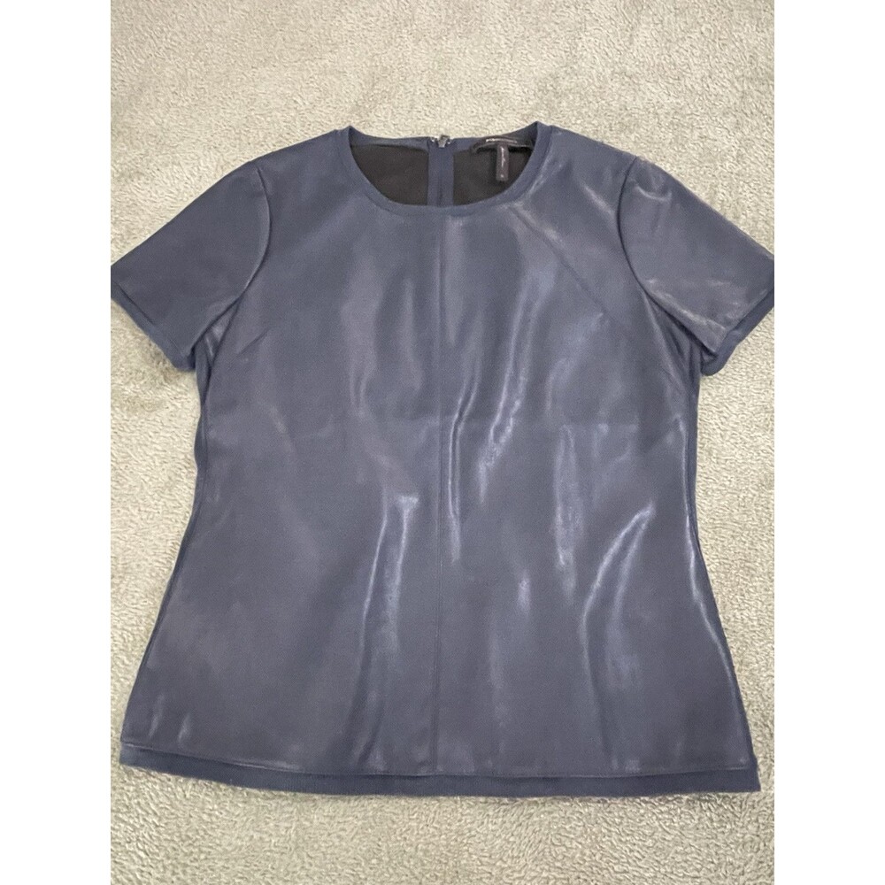 BCBG Max Azria Faux Leather Navy Blue Shirt back Zipper M